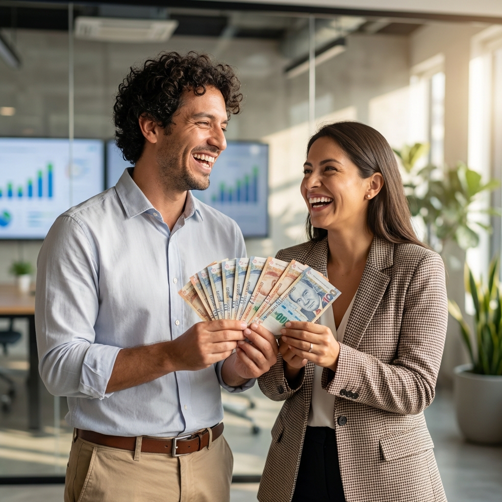 Emprendedores peruanos celebrando con dinero en soles
